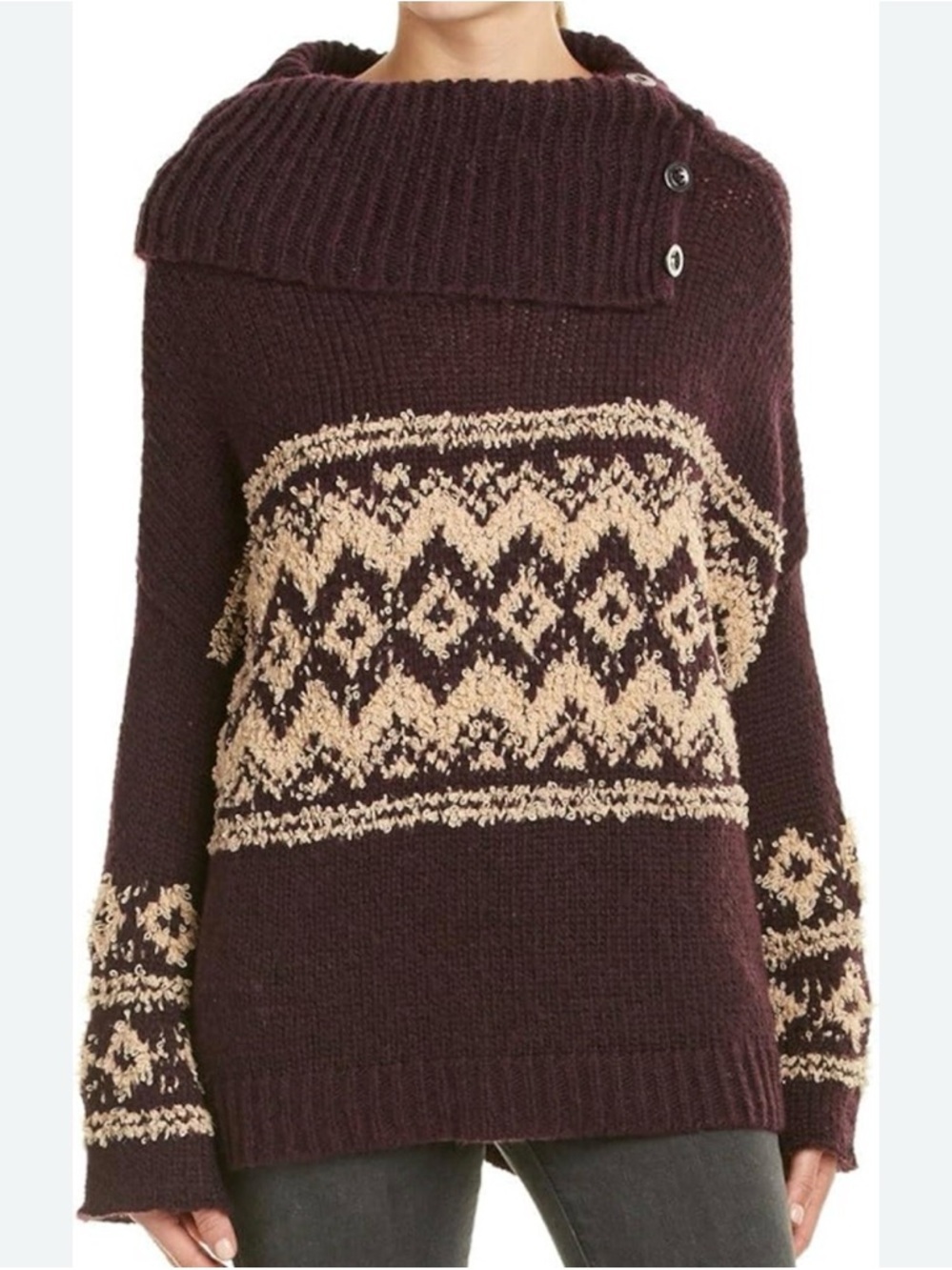 FREE PEOPLE FAIR ISLE SPLIT NECK PURPLE TAN SWEATER WOMENS SZ LARGE NWT - Picture 8 of 8